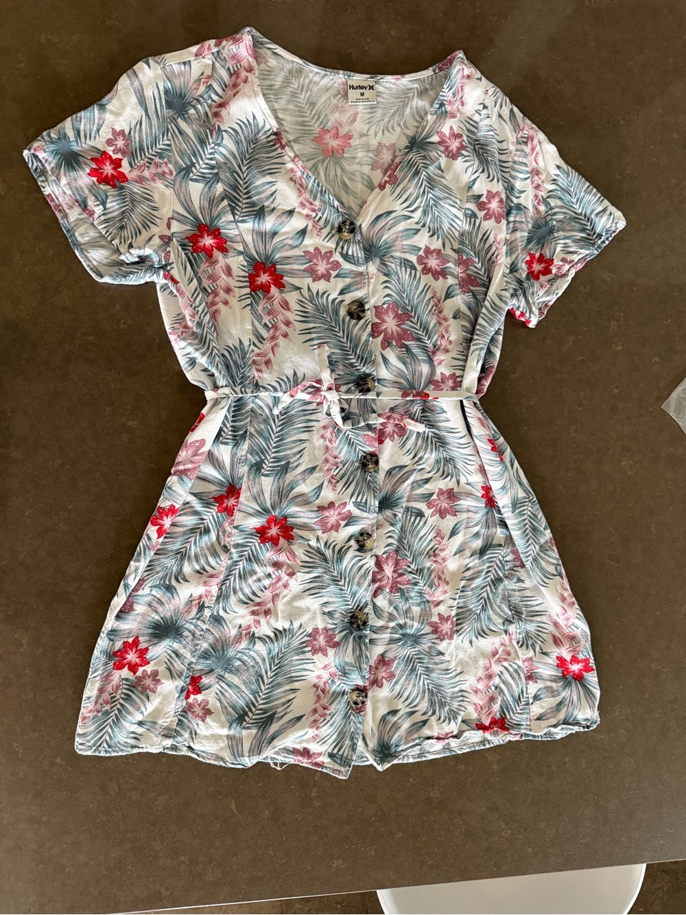 Hurley Floral V-Neck Drawstring Waist Romper in Cream & Green - Picture 2 of 7